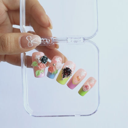 Painted nail art Peony nails on fingertips