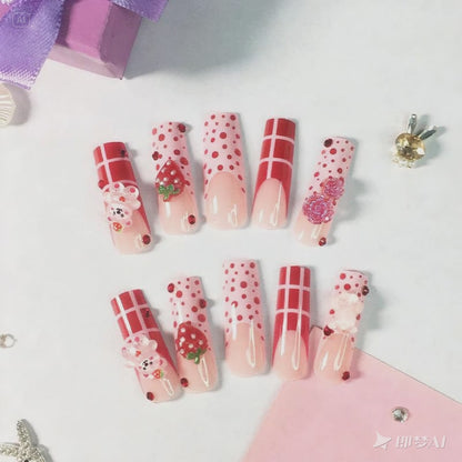 Sweetheart Strawberry Nail Set: Interwoven Pink Dots and Checks, Infusing Fingertips with a Playful Vibe