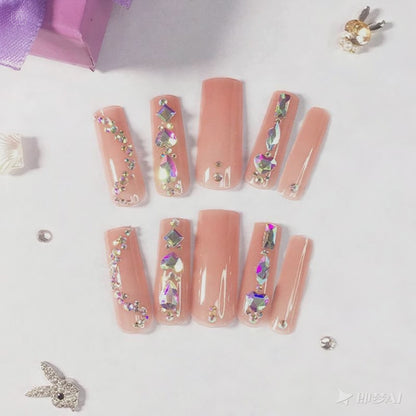 Luxury Rhinestone Nail Set: Nude Pink Base Meets Colorful Rhinestones, Lighting Up Finger - tip Charm