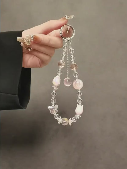 Tulip & Butterfly Crystal Beaded Phone Lanyard Keychain | Anti-Lost Accessory