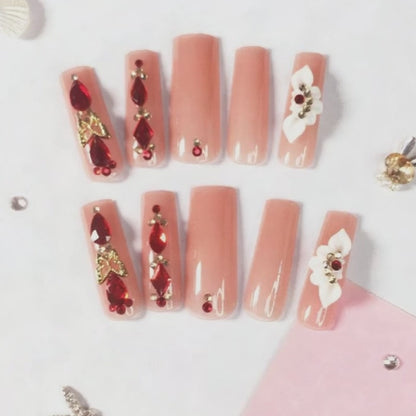 24-Piece Burgundy Diamond Carving Nails | 3D Petals & Micro-Diamonds