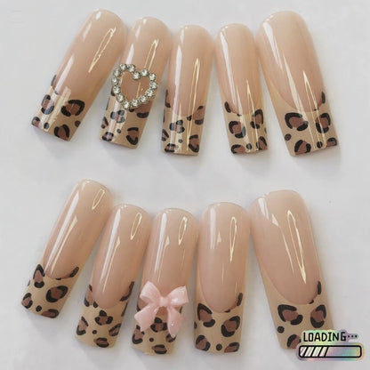 24 nail tips Leopard print meets bow nail stickers: sweet and cool fusion, fashionable and popular