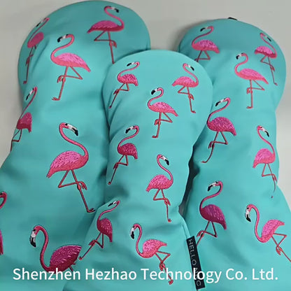 Cute Flamingo Embroidery Golf Headcover Waterproof PU Driver Fairway Wood Hybrid Golf Cover Golf Protection Accessories