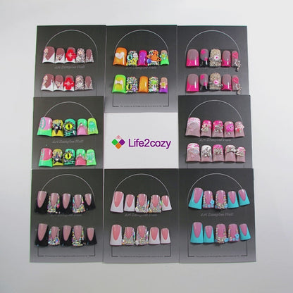 8-piece Set Mixed Style 3D Rhinestone & Charm Press On Nails Set - Reusable Artificial Fake Nails for Daily & Party Wear