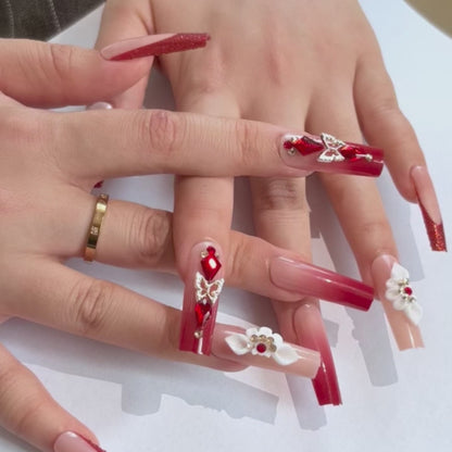 24Pcs Nude-Pink Red Diamond Floral Press-On Nails | Luxurious Wearable Manicure Set