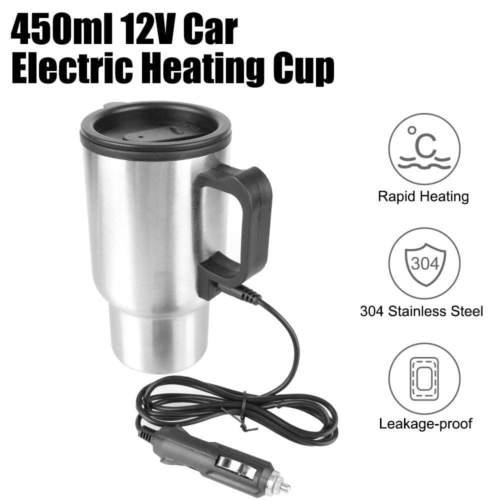 12V 450ml Electric Heating Car Kettle | Thermal Mug For Water Coffee Milk | Camping Travel Stainless Steel Vehicle Heating Cup