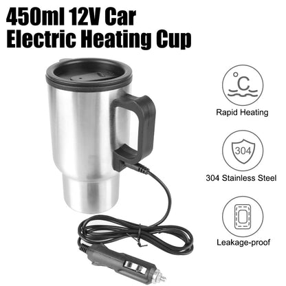 12V 450ml Electric Heating Car Kettle | Thermal Mug For Water Coffee Milk | Camping Travel Stainless Steel Vehicle Heating Cup